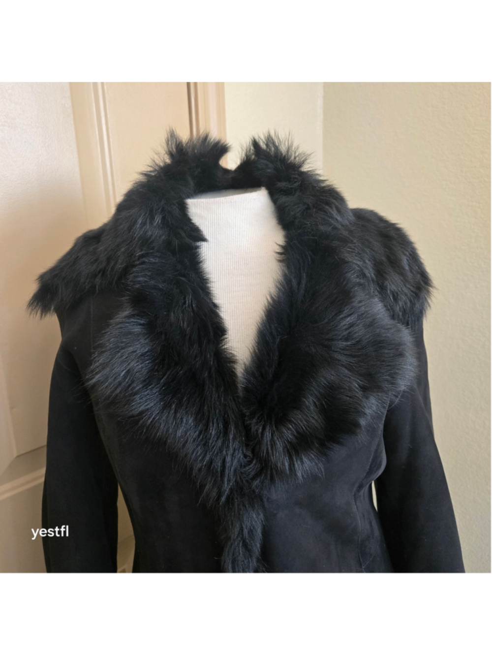 Cole Haan Black Genuine Shearling Long Coat Fur Trim Sz XS Penny Lane Luxury - Picture 14 of 16